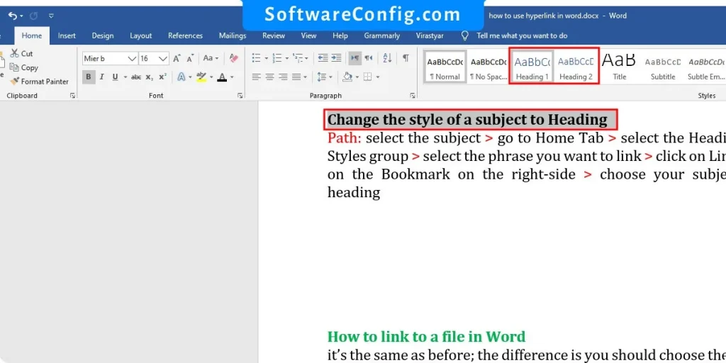 change phrase to heading in word