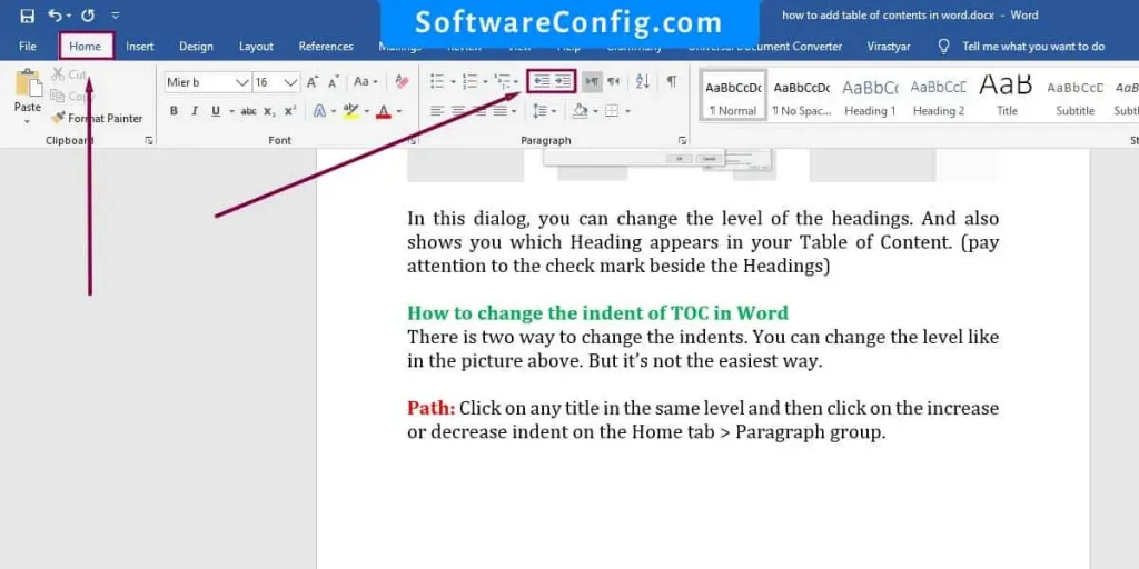 How to change the indent of TOC in Word