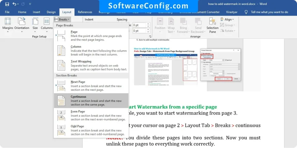 separate pages to diffrent secion in word