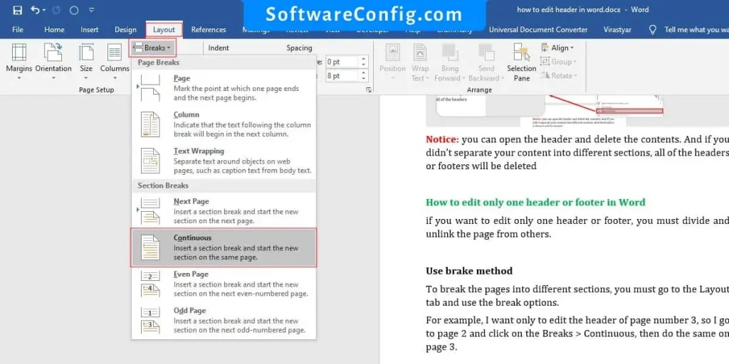 how to edit just one header in word