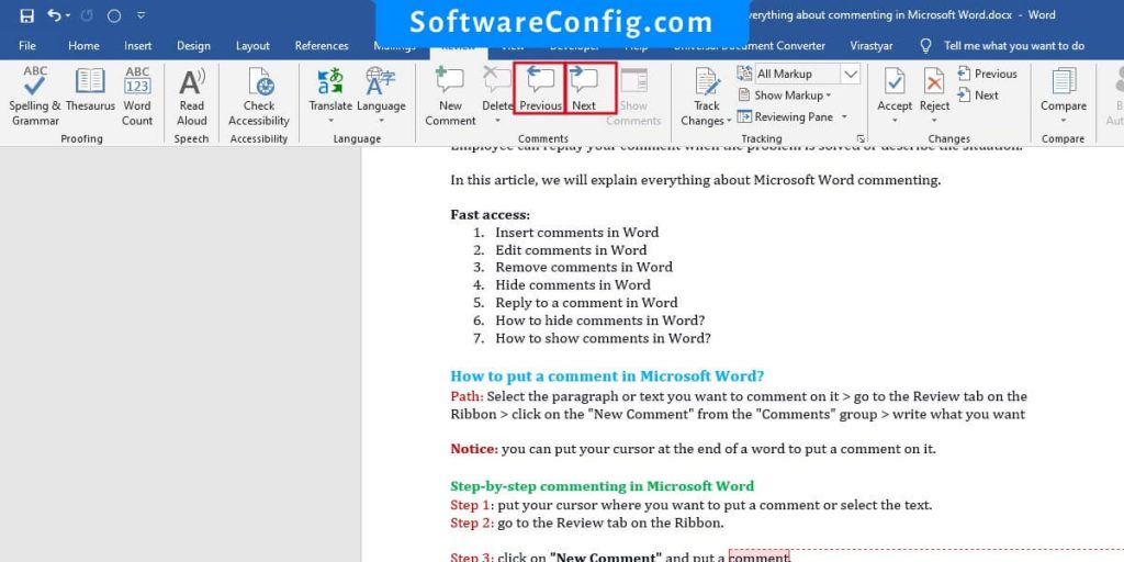 move between comments in Word