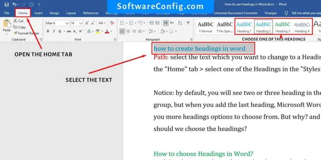 how to create headings in word